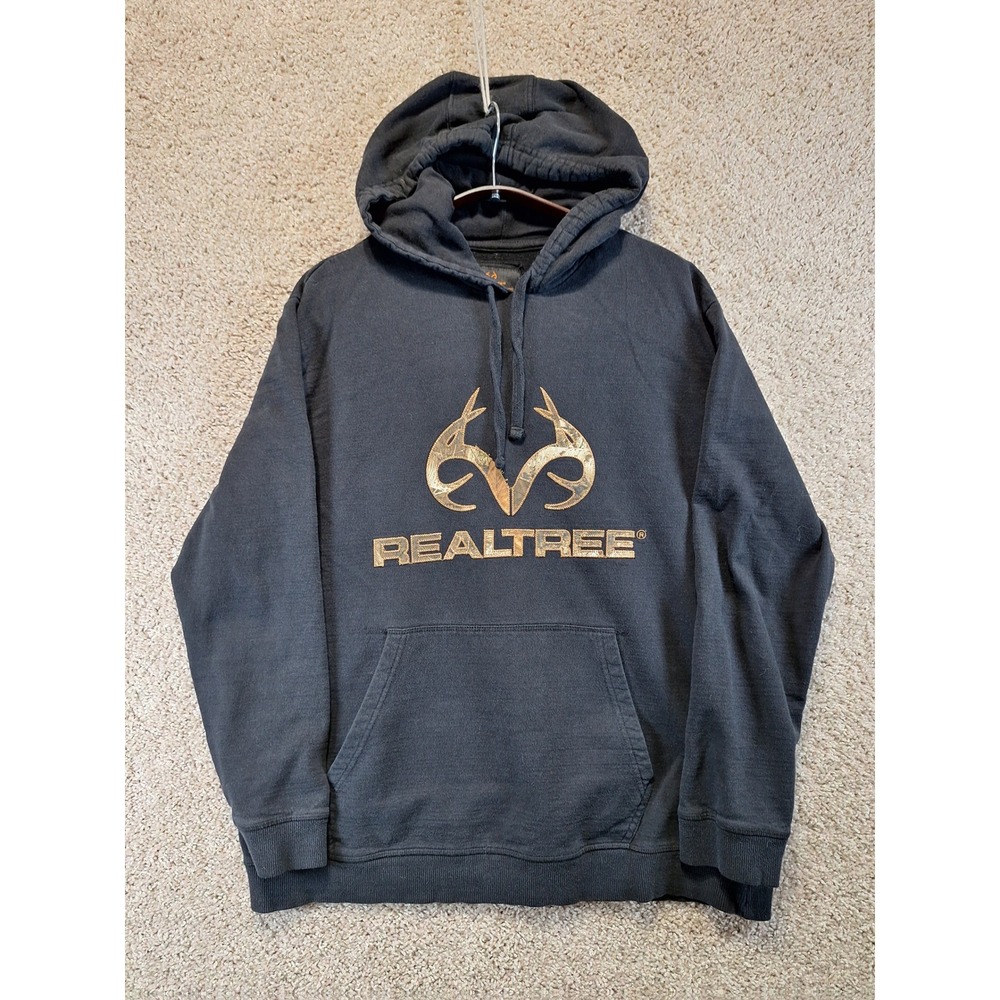 Realtree Hoodie Mens Large Black Gold Logo Pullover Fleece Gorpcore Camo Fall